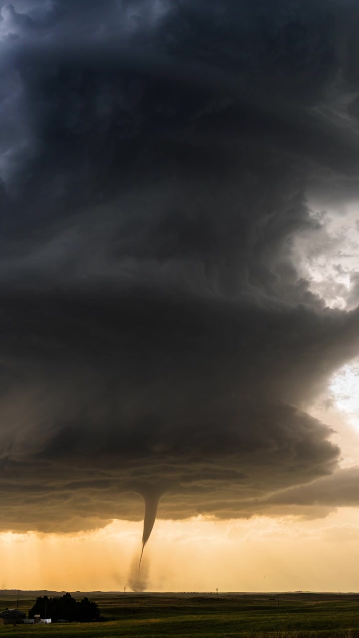 Imponerende vejrbillede med en tornado, der hvirvler under dramatiske, voldsomme stormskyer.