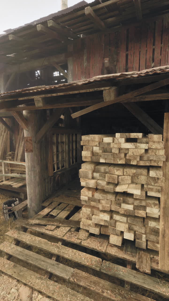 un edificio rústico con pilas de tablas de madera