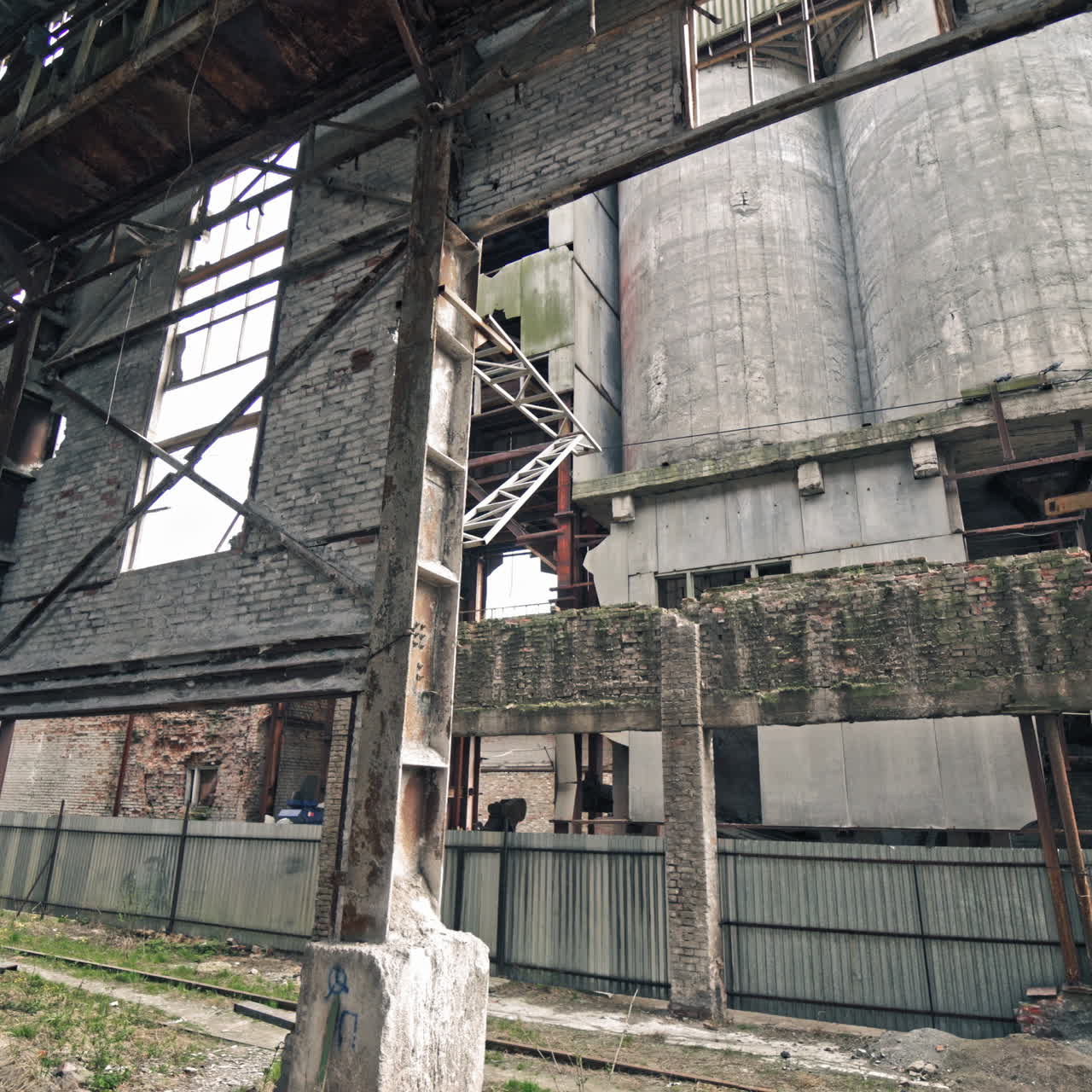Inside ruined factory. Old industrial building for demolition.