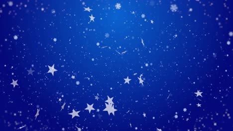 animation of snow and stars on blue background
