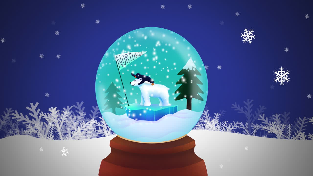 animación de decoraciones navideñas de globo de nieve sobre el paisaje de invierno