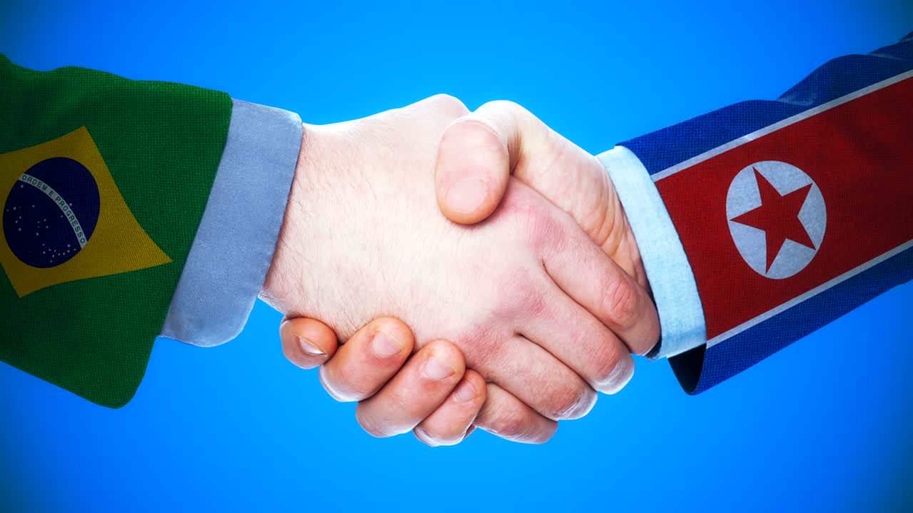 animación conceptual de apretón de manos entre brasil y corea del norte sobre países y política con el canal matte