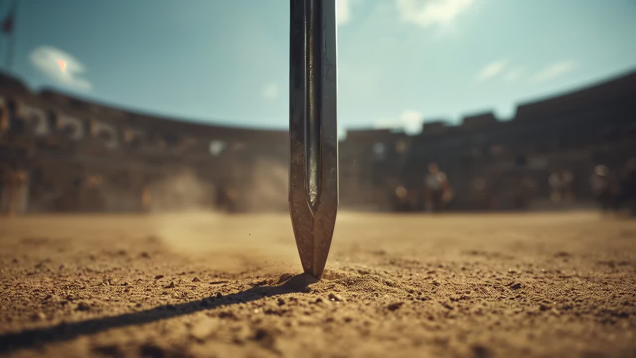 Focusing metallic spear tip standing in arena sand, armored fighters charging toward center to duel