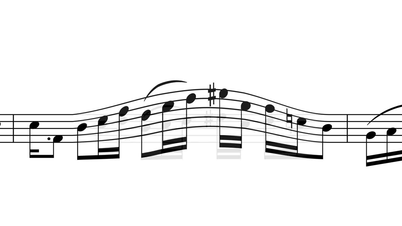 partitura con notas en movimiento. las notas fluyen sobre las líneas musicales. simboliza la música que fluye en el tiempo