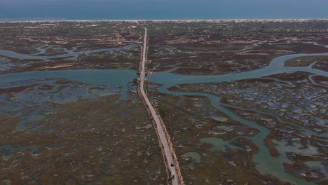 Toma-Aérea-De-Marismas-Con-El-Mar-De-Fondo