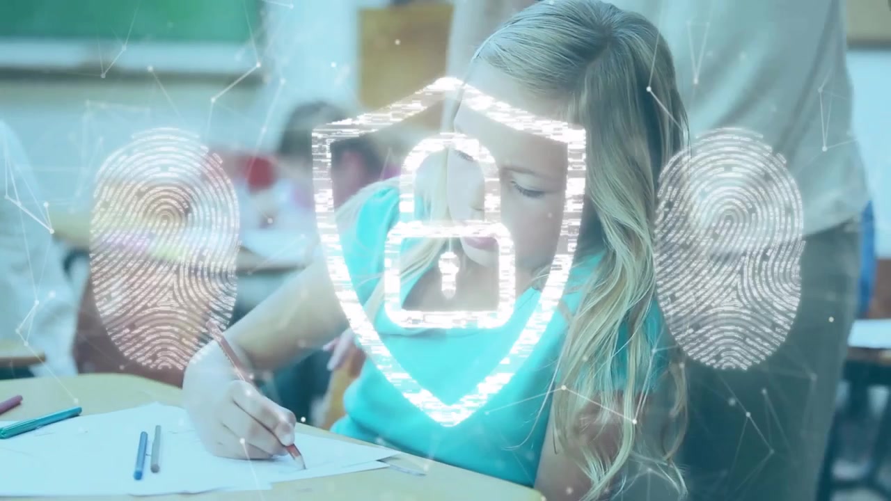 Teacher guiding girl writing while grid shimmering initiating icons showing education security