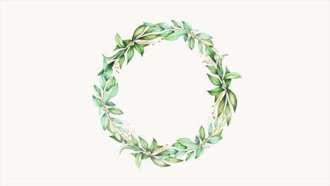 round wreath of green leaves appear on white watercolor background