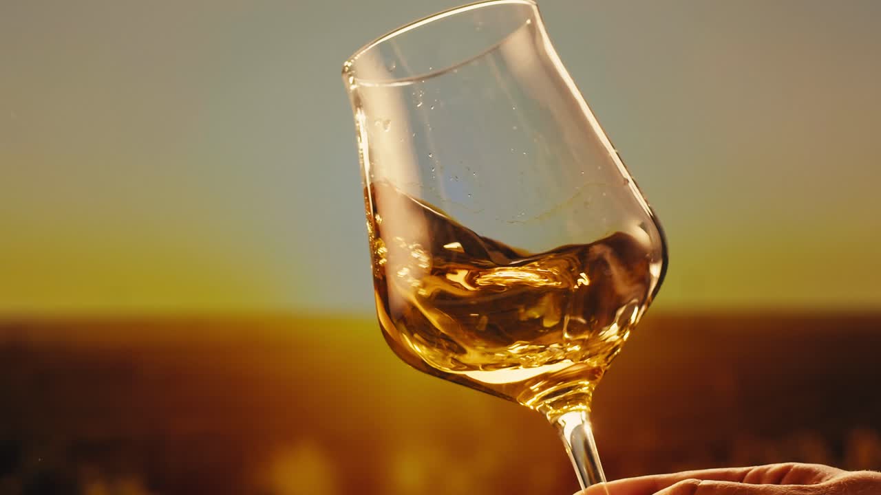 Orange or white wine bottle and glass against a sunset in a peaceful vineyard, pouring of ecological natural wine.