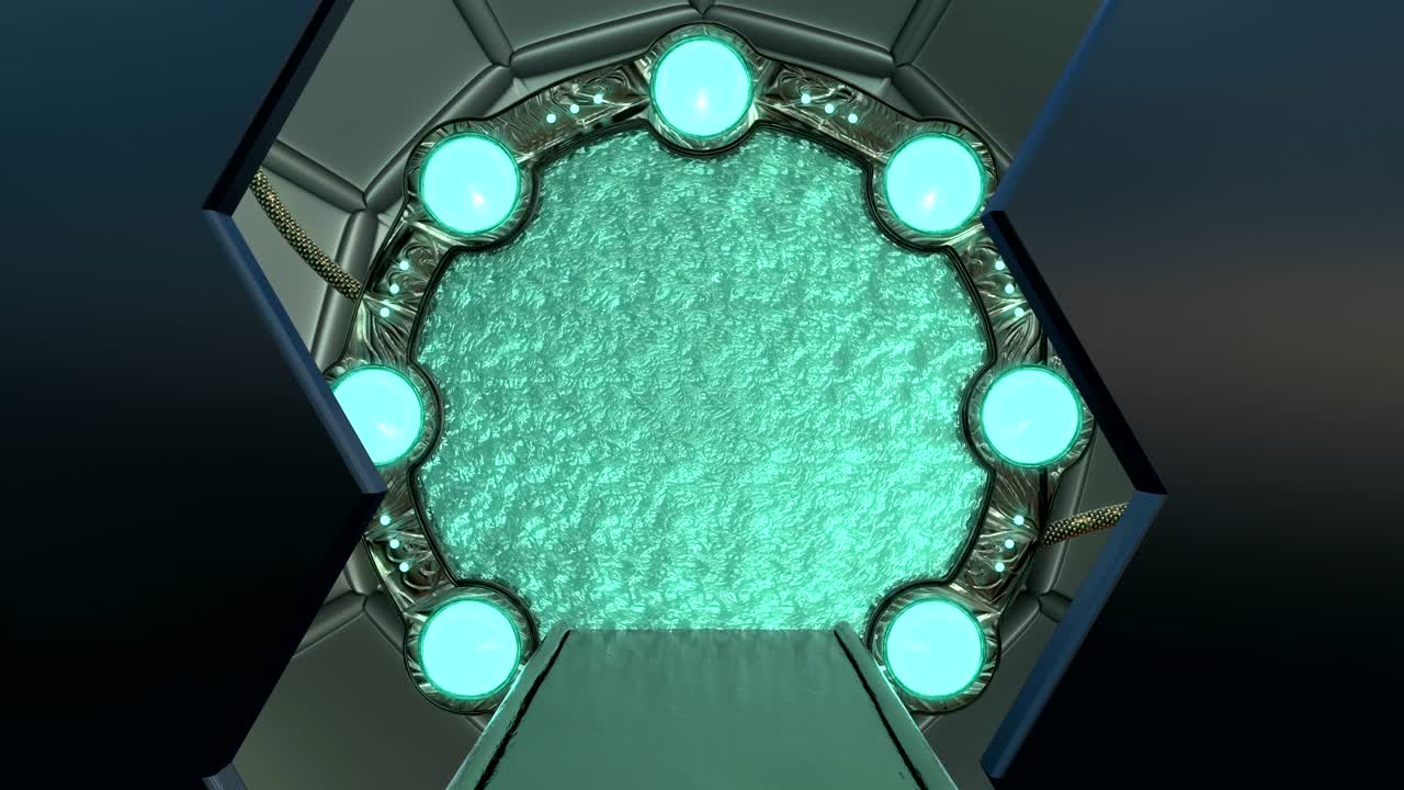 la escotilla de hierro abre una vista panorámica a la escena del paisaje de la nave espacial. fondo abstracto 3d de corredor de ciencia ficción con portal. tecnología futurista abstracto vj para títulos tecnológicos y fondo.