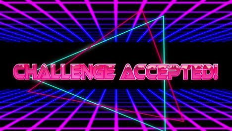 animation of challenge accepted text over triangles and grid pattern against black background