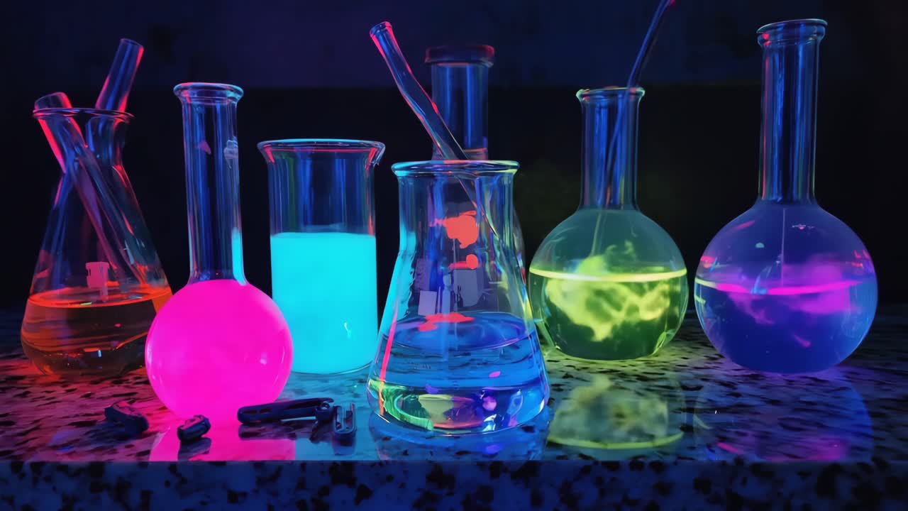 Colorful glowing beakers in a lab