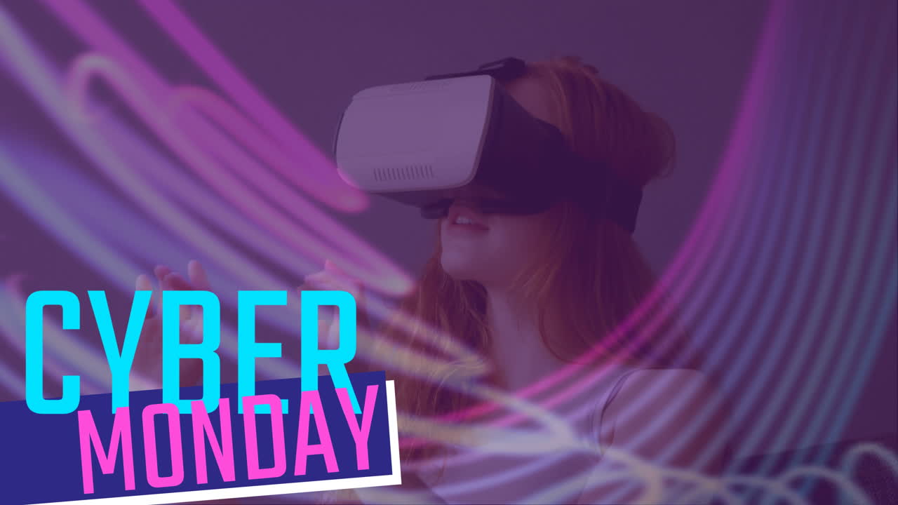 cyber lunedì testo e donna usando auricolari di realtà virtuale 4k