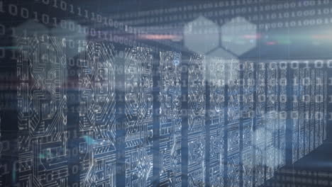 animation of data processing and network of screens over computer servers in background