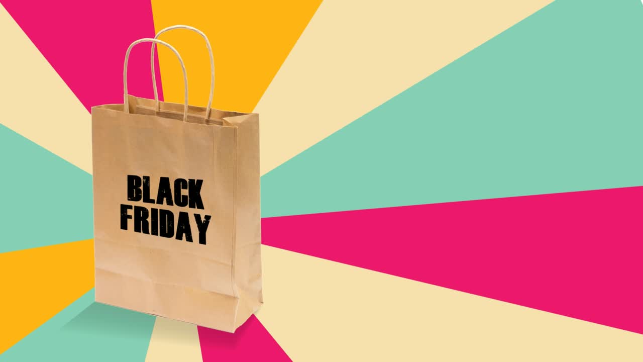 venta y descuento de viernes negro. bolsa de papel de compras en un fondo multicolor vibrante.