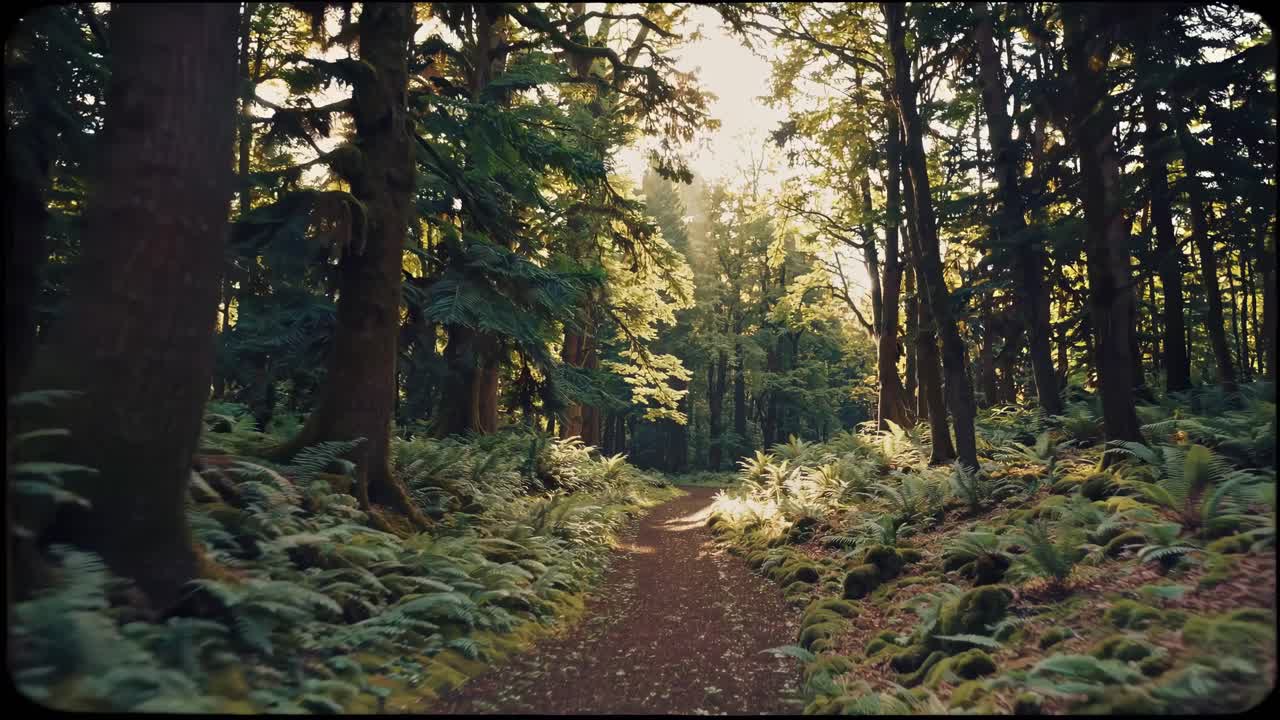 Sunlit forest path surrounded by lush green trees and ferns