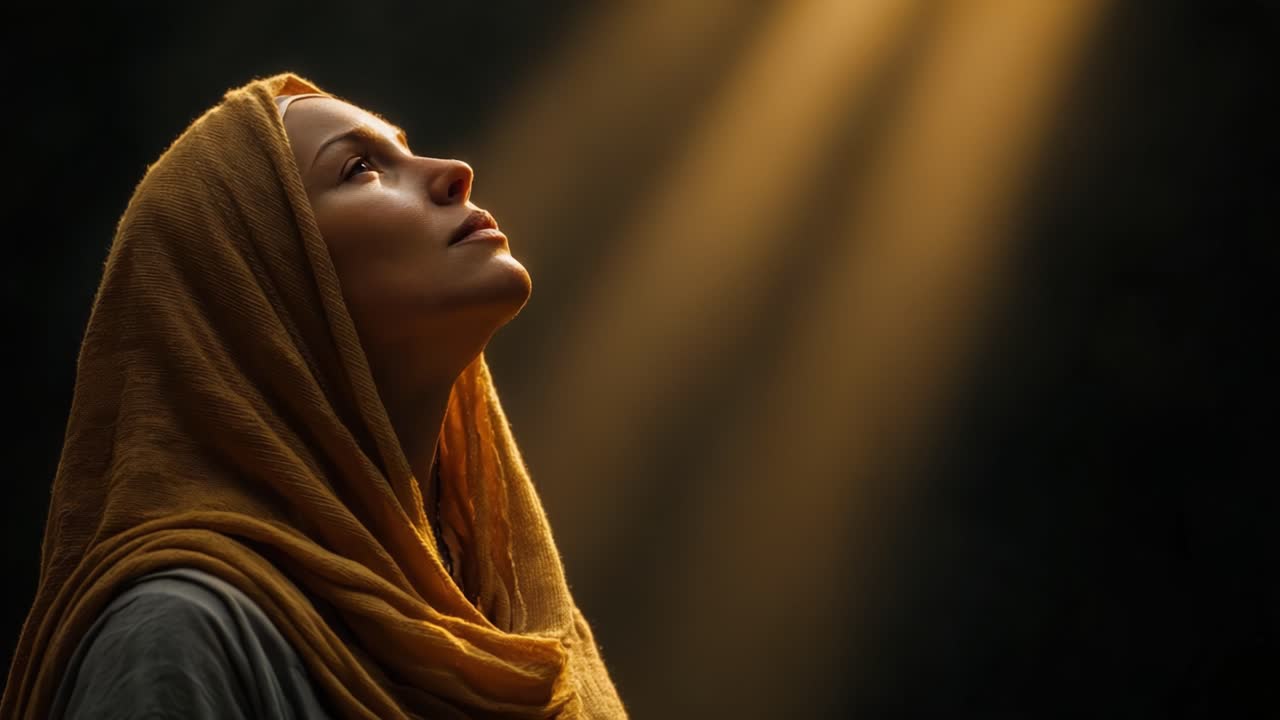 A Serene Moment of Contemplation: A Woman with a Yellow Scarf Gazes Upward, Bathed in Rays of Light, Evoking a Sense of Peace and Reflection in a Darkened Space