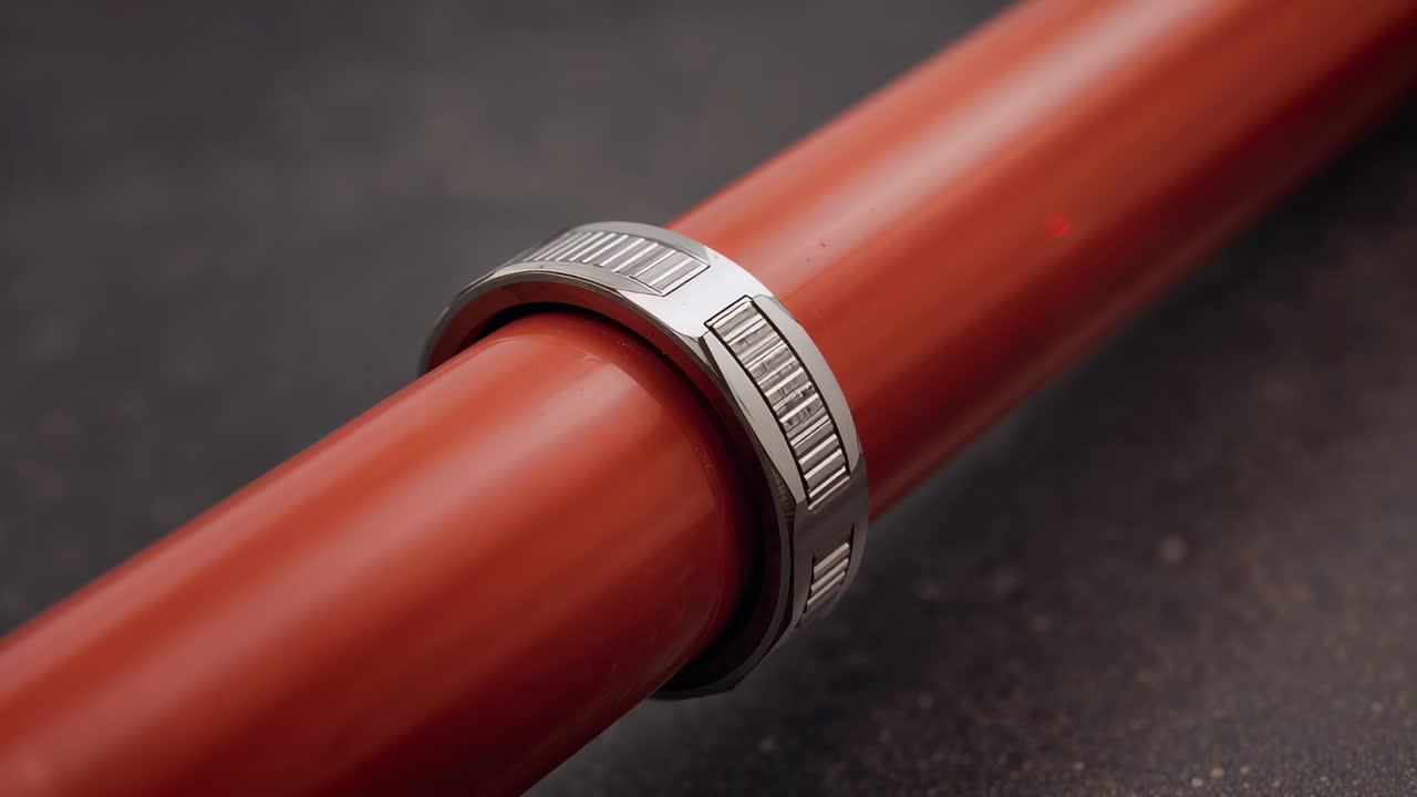 Playback starting glossy red rod with silver ring rotating on dark table to highlight etched panels