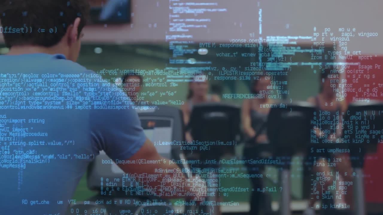 Animation of data processing over people exercising in gym