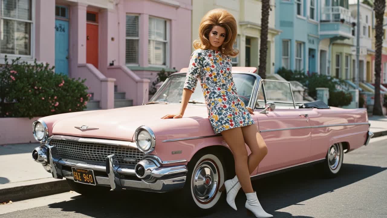 A Classic Vintage Scene with a Glamorous Model Posing Beside a Pink Convertible Car in a Playful Urban Setting Enhanced by Colorful Houses