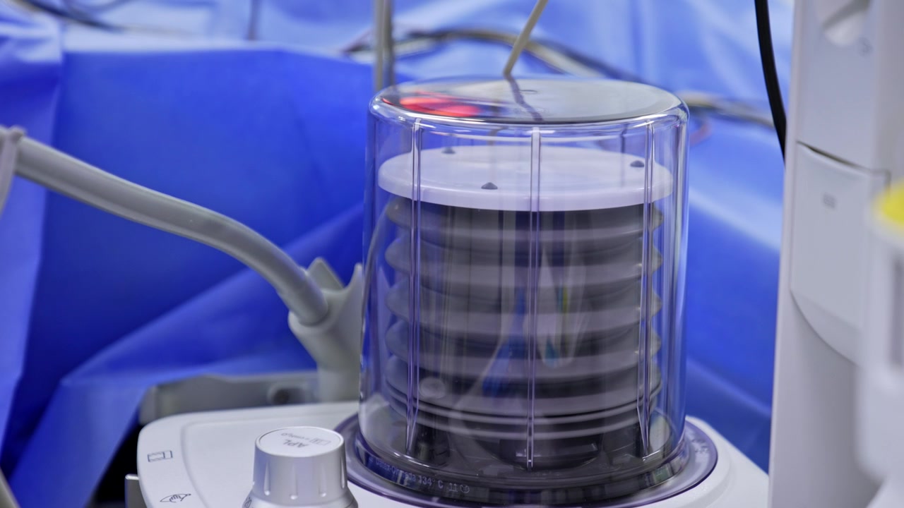 Modern lung ventilation machine pumping air to the patient under surgery. Pump close up.