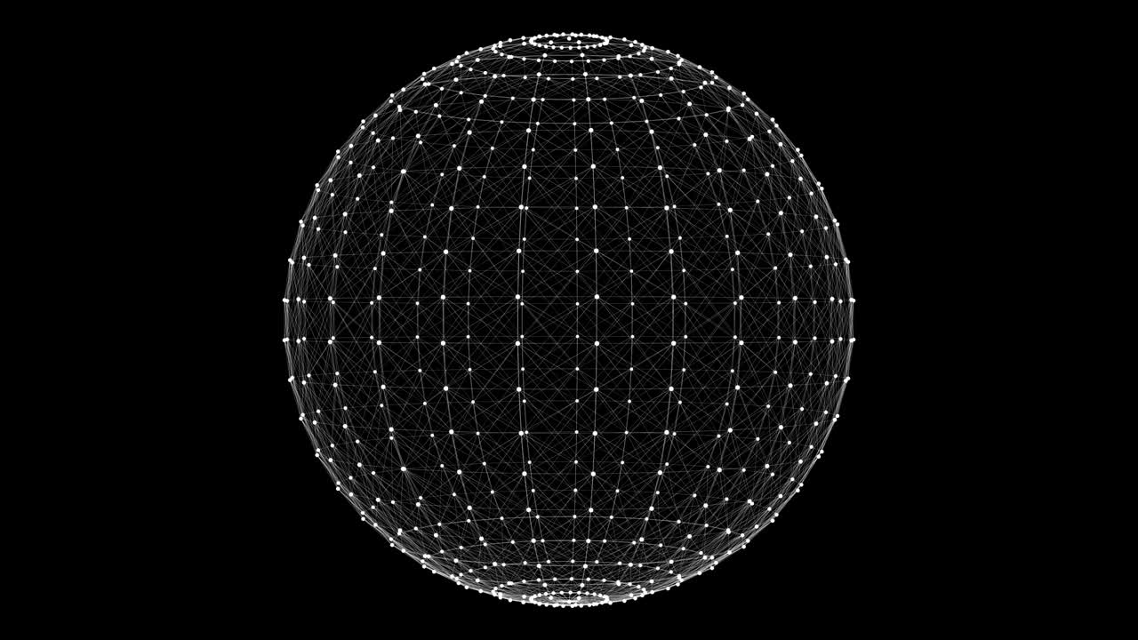 4k 애니메이션 3d 와이어 프레임 구, 검은색 배경에서 축을 회전