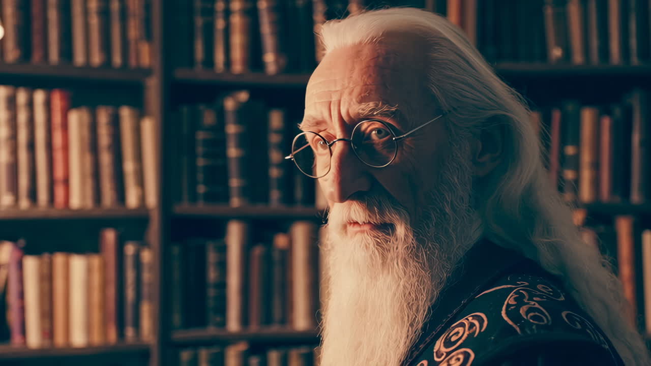 An elderly man in a library