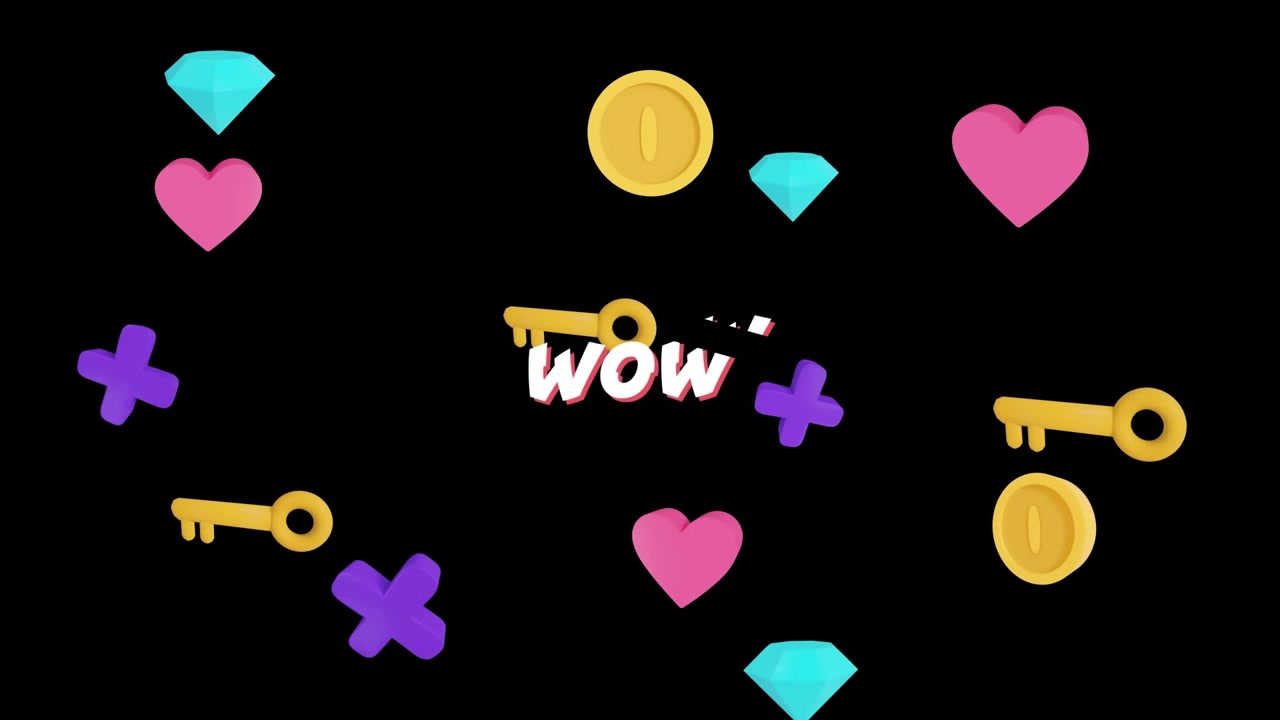 Hoạt ảnh chữ "wow" trên các hình dạng trừu tượng trên nền đen.
