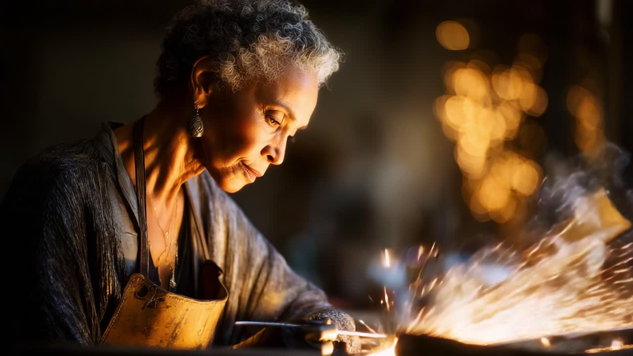 An Introspective Artisan at Work: Capturing the Passion of a Skilled Craftswoman as She Shapes Metal, Creating Sparks of Creativity in a Warm, Illuminated Workshop Environment