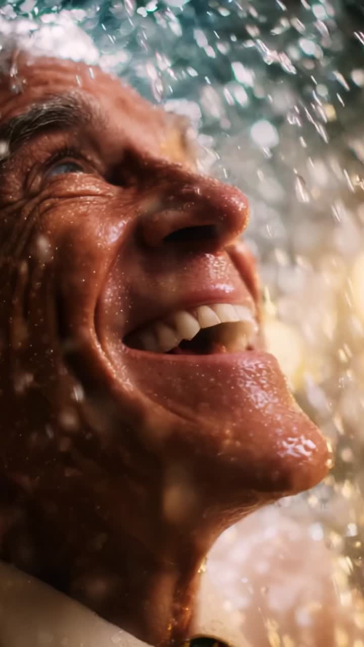 Momenti di gioia sotto la pioggia: un uomo giocherellone accoglie l'acqua con risate e piacere, catturando l'essenza del divertimento e della felicità nella vita di tutti i giorni