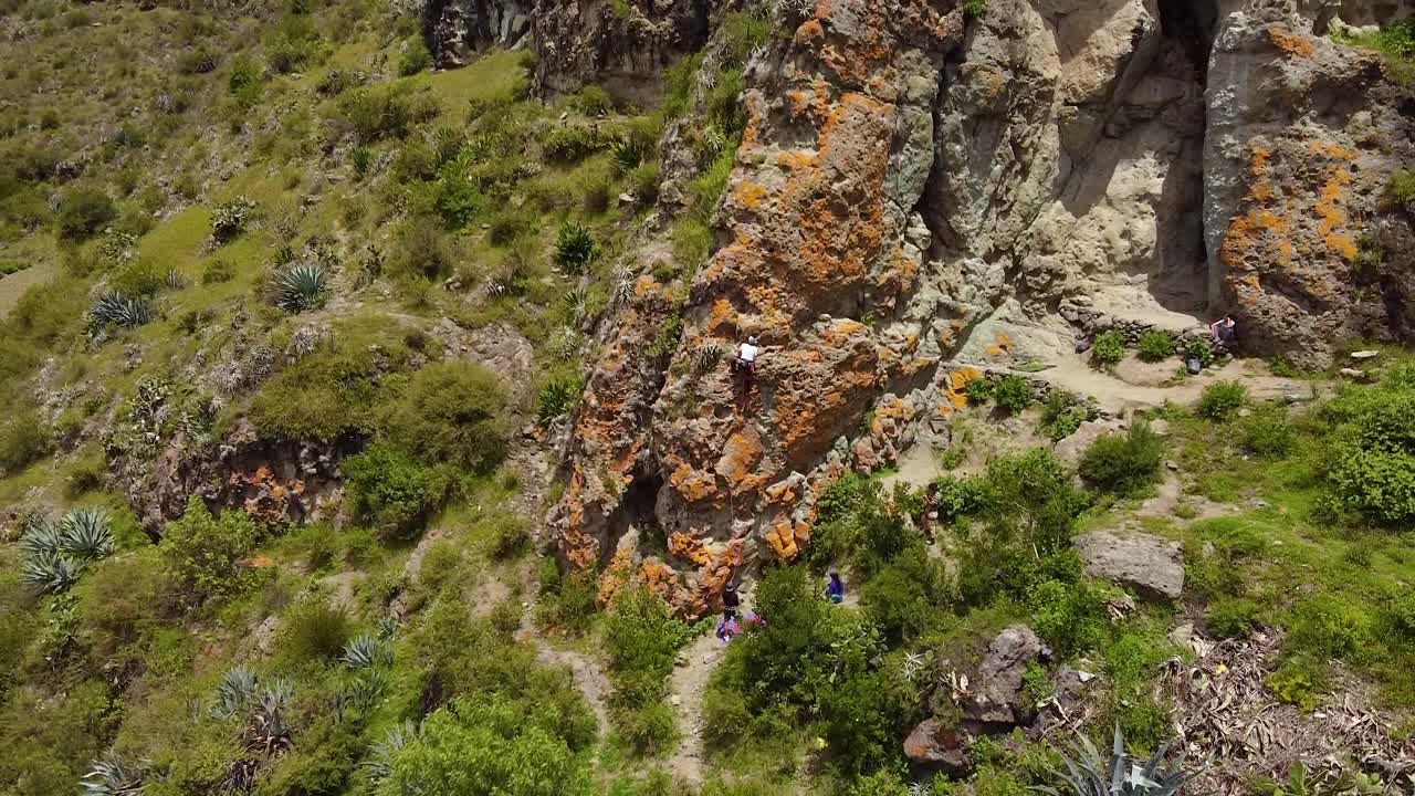 Aerial Drone View Of  A Rock Climber On Steep Mountain In Huaraz, Peru.