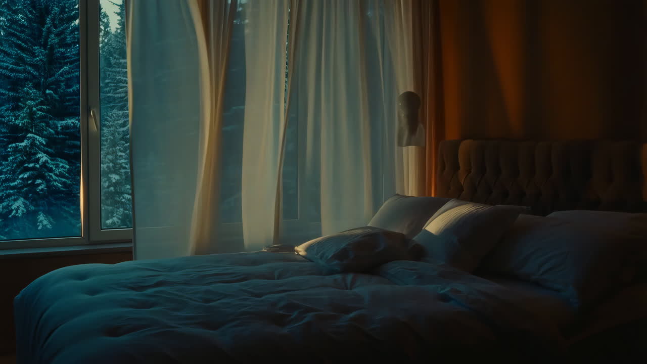 Cozy bedroom with a snowy winter view outside the window