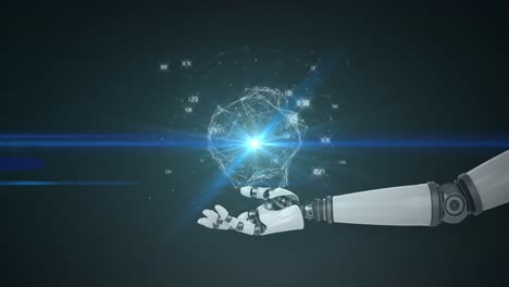 Animation-of-network-of-processing-data-over-hand-of-robot-arm,-with-blue-light-on-black-background