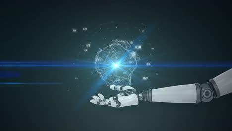 animación de la red de procesamiento de datos sobre la mano del brazo del robot, con luz azul sobre fondo negro