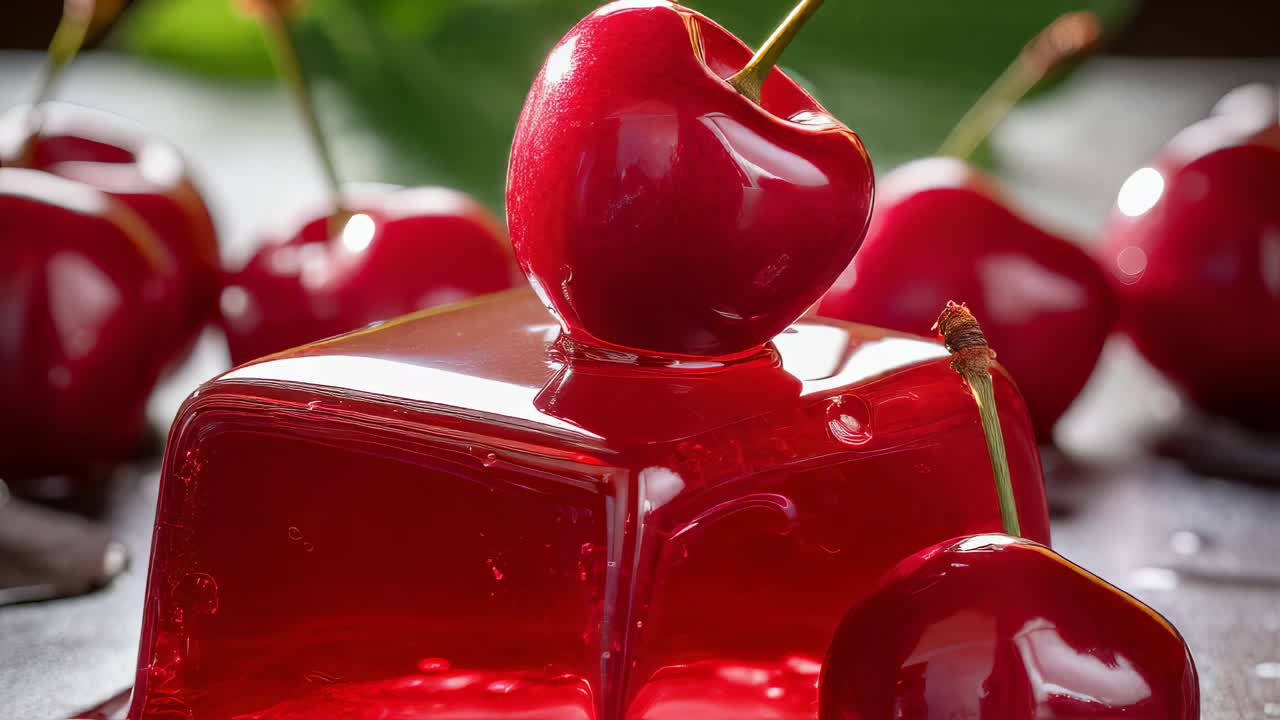 Shiny red cherry jelly dessert, topped with a fresh cherry, surrounded by plump cherries, creating a vibrant and mouthwatering scene perfect for summer celebrations
