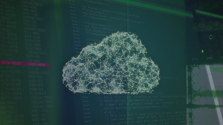 Animation of cloud icons over data processing on dark background