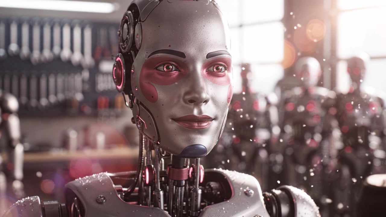 Robot umanoide futuristico con caratteristiche espressive in un ambiente di officina ad alta tecnologia, che mostra intelligenza artificiale avanzata e moderna tecnologia robotica.