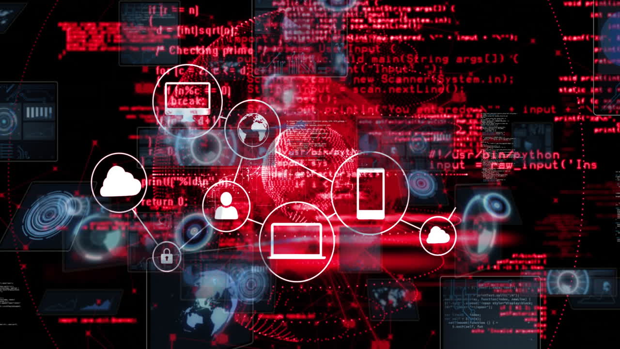 Animation of digital network and cybersecurity icons on red and black background