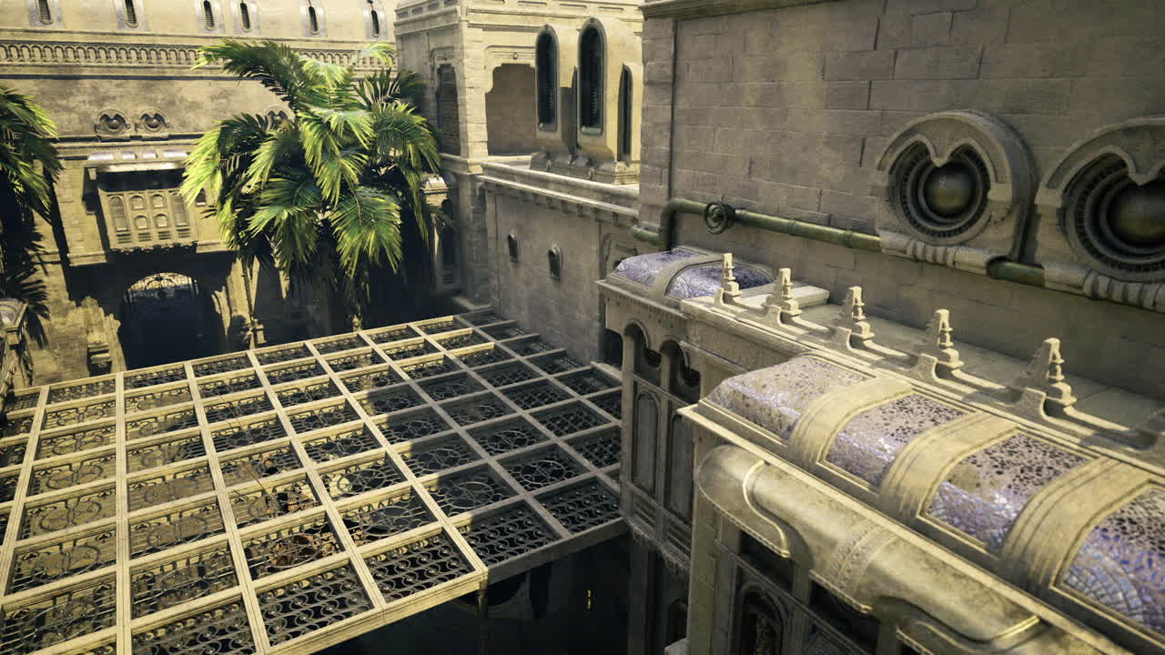 Estructura de celosía radiante con juego de sombras y dosel tropical en la parte superior.