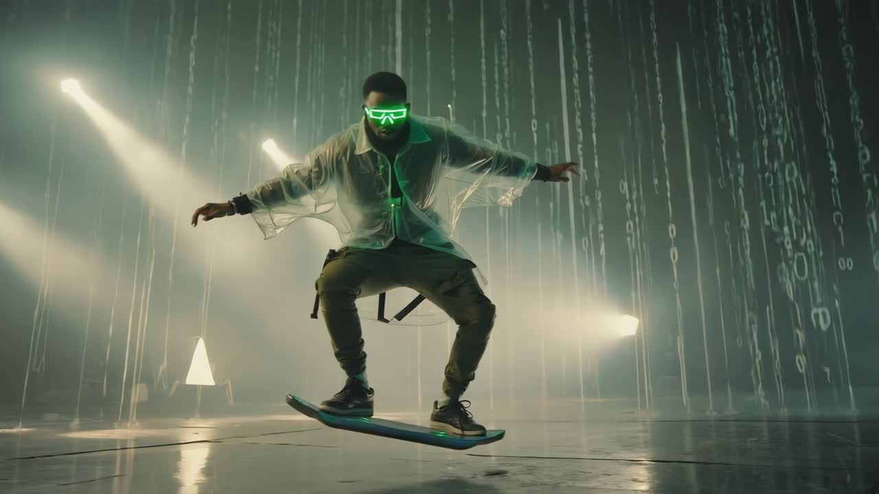 A man on a levitating skateboard in a futuristic setting