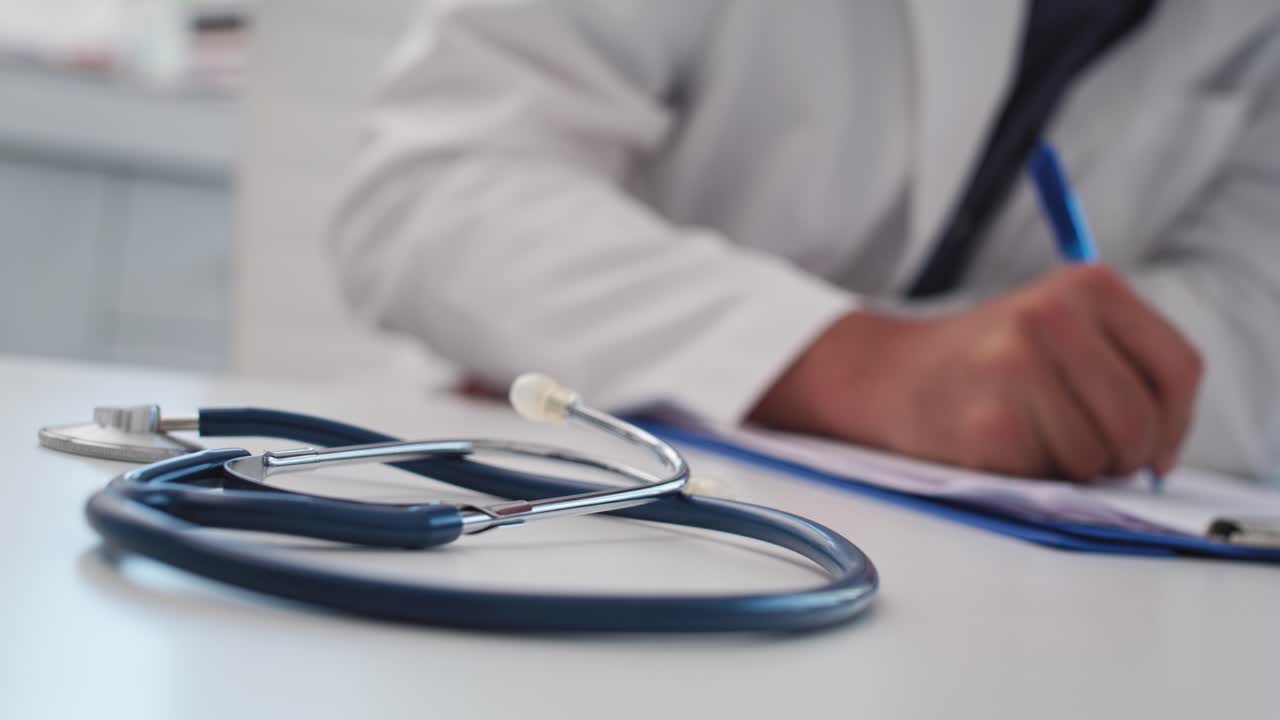 Ripresa a mano di uno stetoscopio con un medico al lavoro sullo sfondo