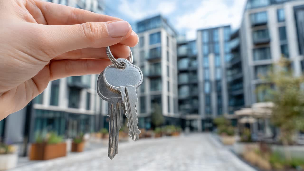 Una mano sosteniendo un juego de llaves frente a un moderno complejo de apartamentos, simbolizando nuevos comienzos y oportunidades en espacios de vida contemporáneos.