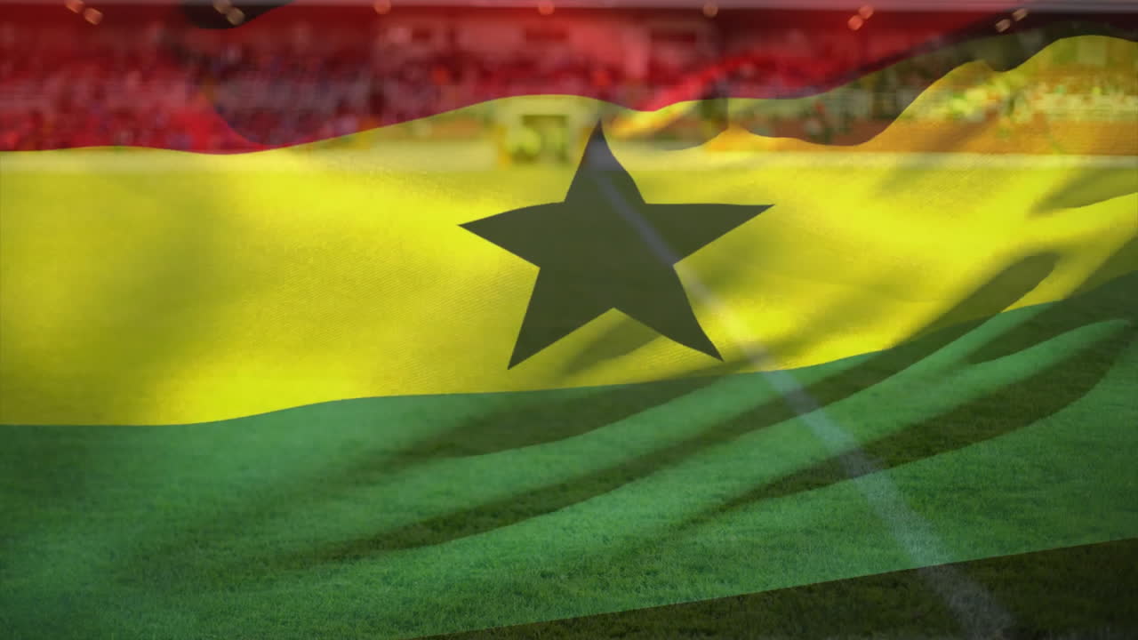 Bandiera del Ghana che sventola su uno stadio con erba verde in uno sfondo animato