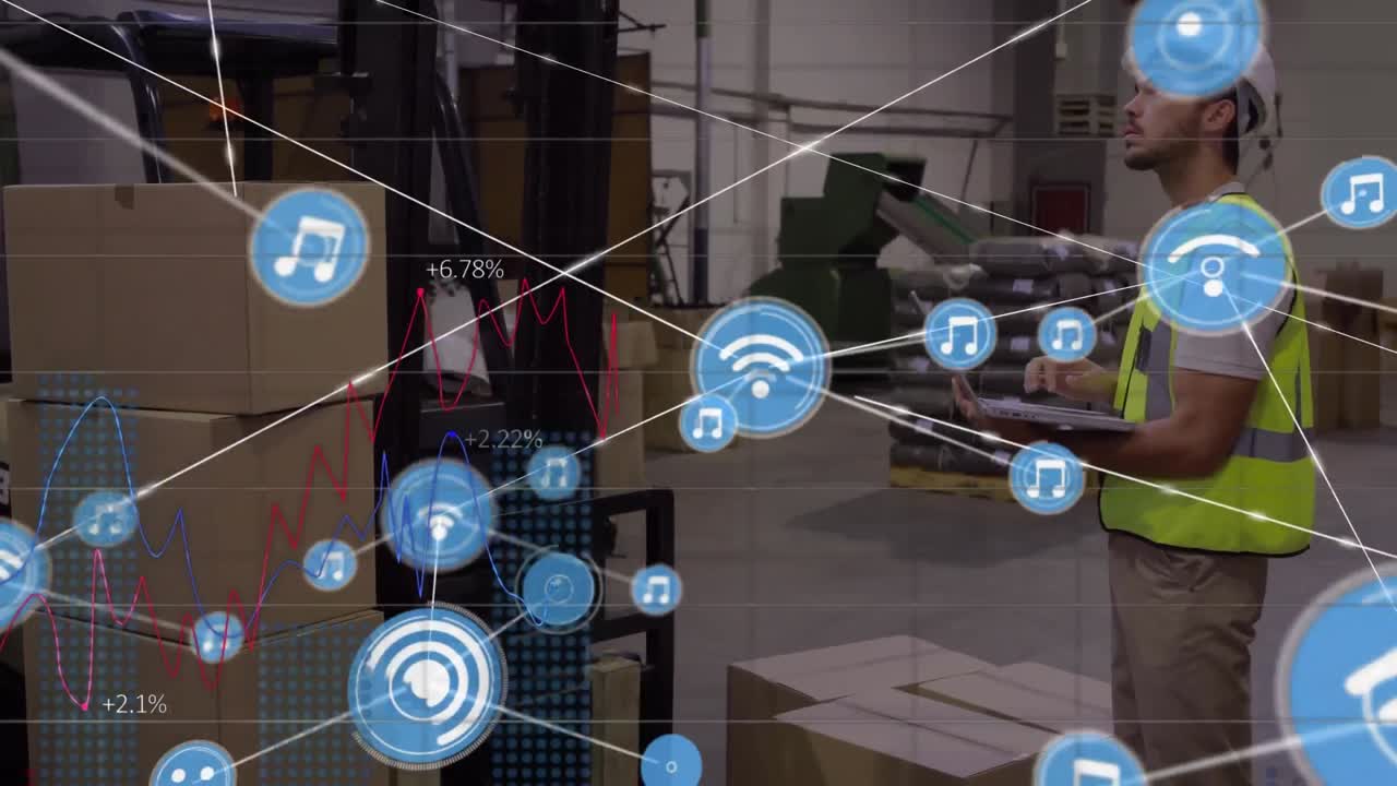 red de iconos digitales contra un trabajador caucásico usando una computadora portátil y comprobando el stock en el almacén