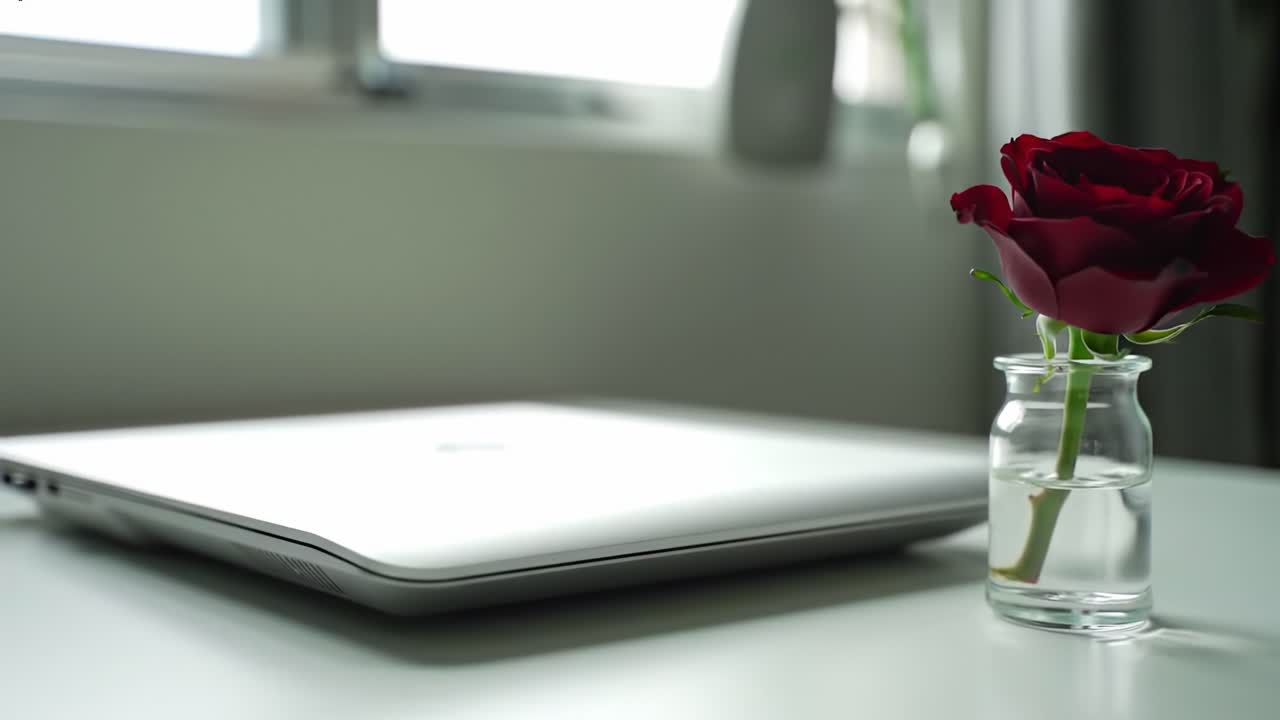 Aesthetic Workspace Scene featuring a Laptop and a Vibrant Red Rose in a Glass Vase, Blending Technology with Natural Beauty in a Modern Setting