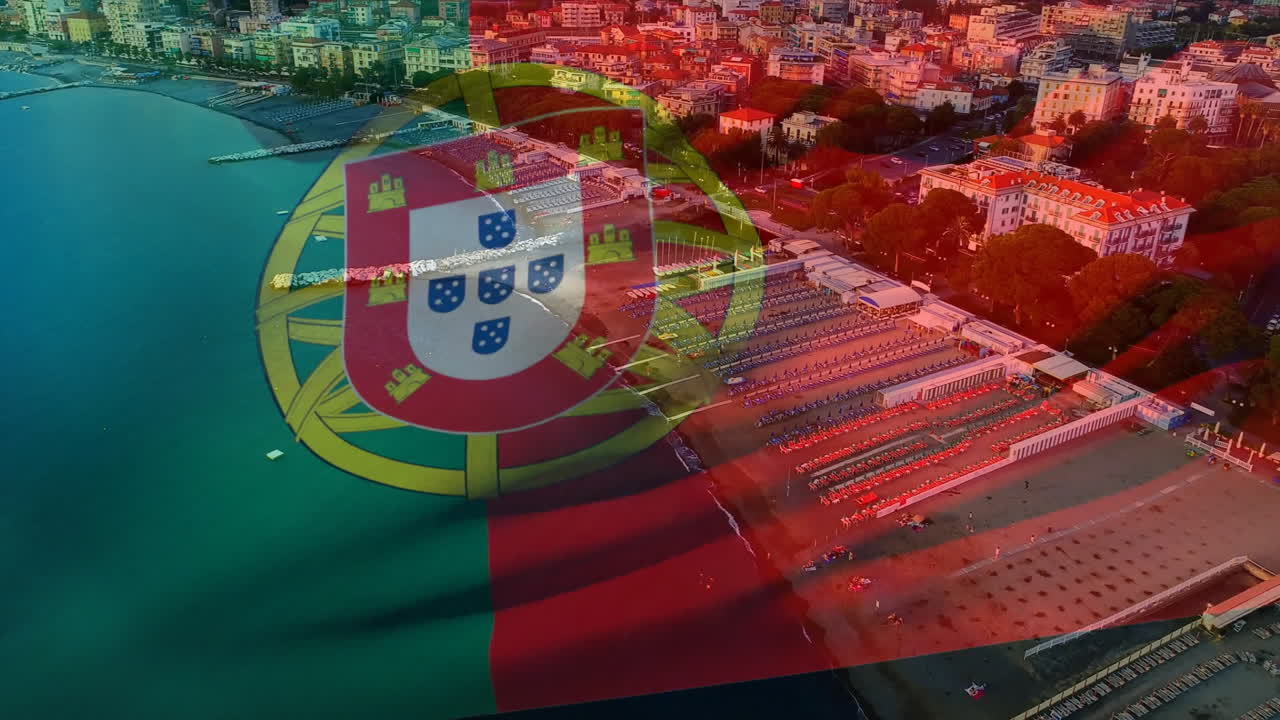 Animation of Portuguese flag overlaying aerial view of coastal city with beach