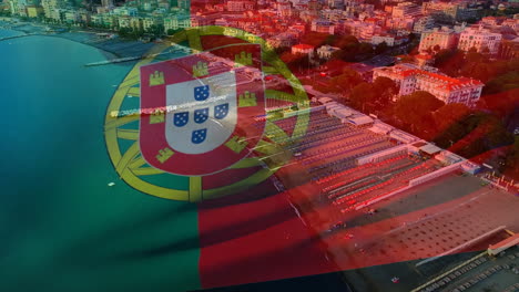 animation of portuguese flag overlaying aerial view of coastal city with beach
