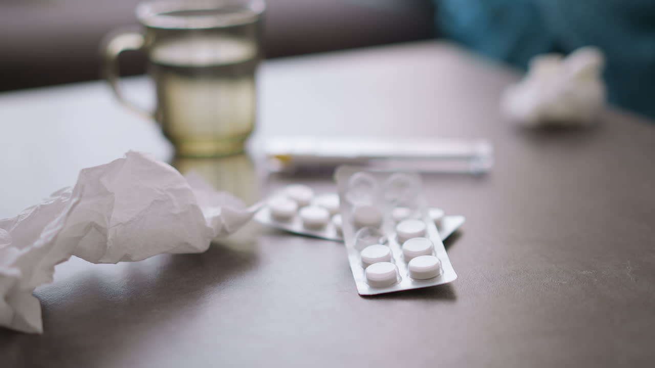 Close-up of medication, used tissue, glass cup, and thermometer on table with light reflections, indicating illness or fever, with all items suggesting recovery process from cold or flu
