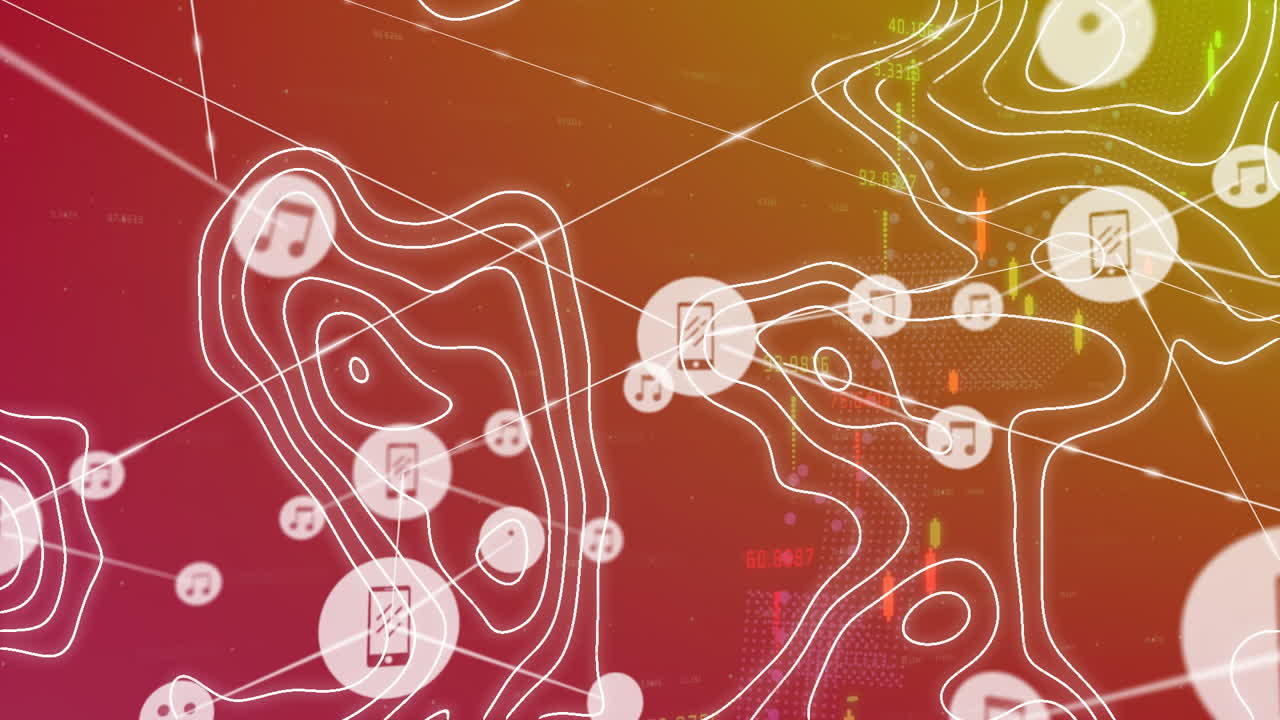 Animation of musical notes and data points over colorful abstract topographic lines