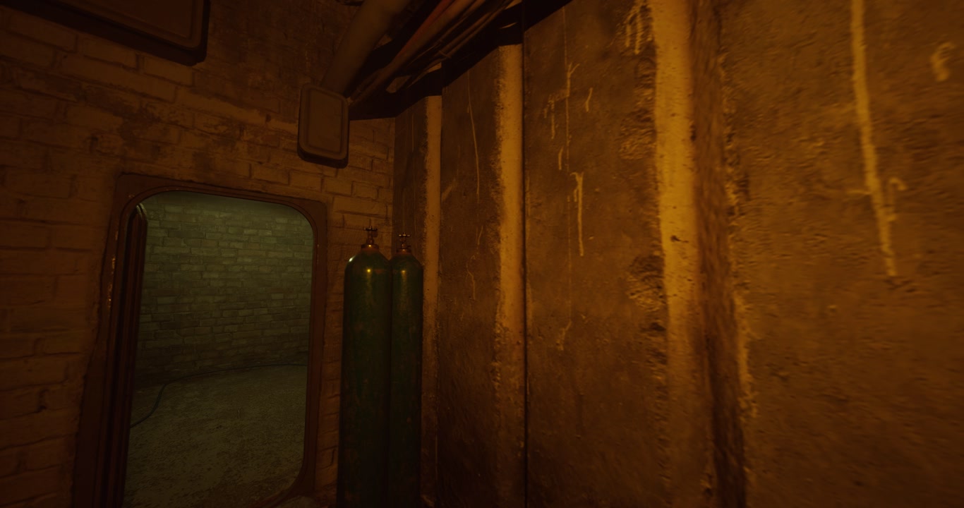 Dimly Lit Industrial Corridor with Gas Cylinders