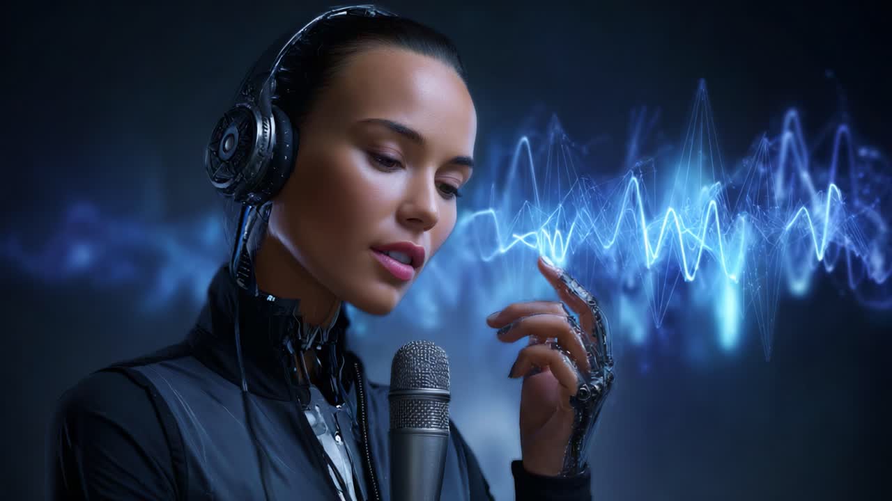 A futuristic female figure with a robotic arm wears headphones while singing into a microphone, surrounded by vibrant sound waves in a digital atmosphere